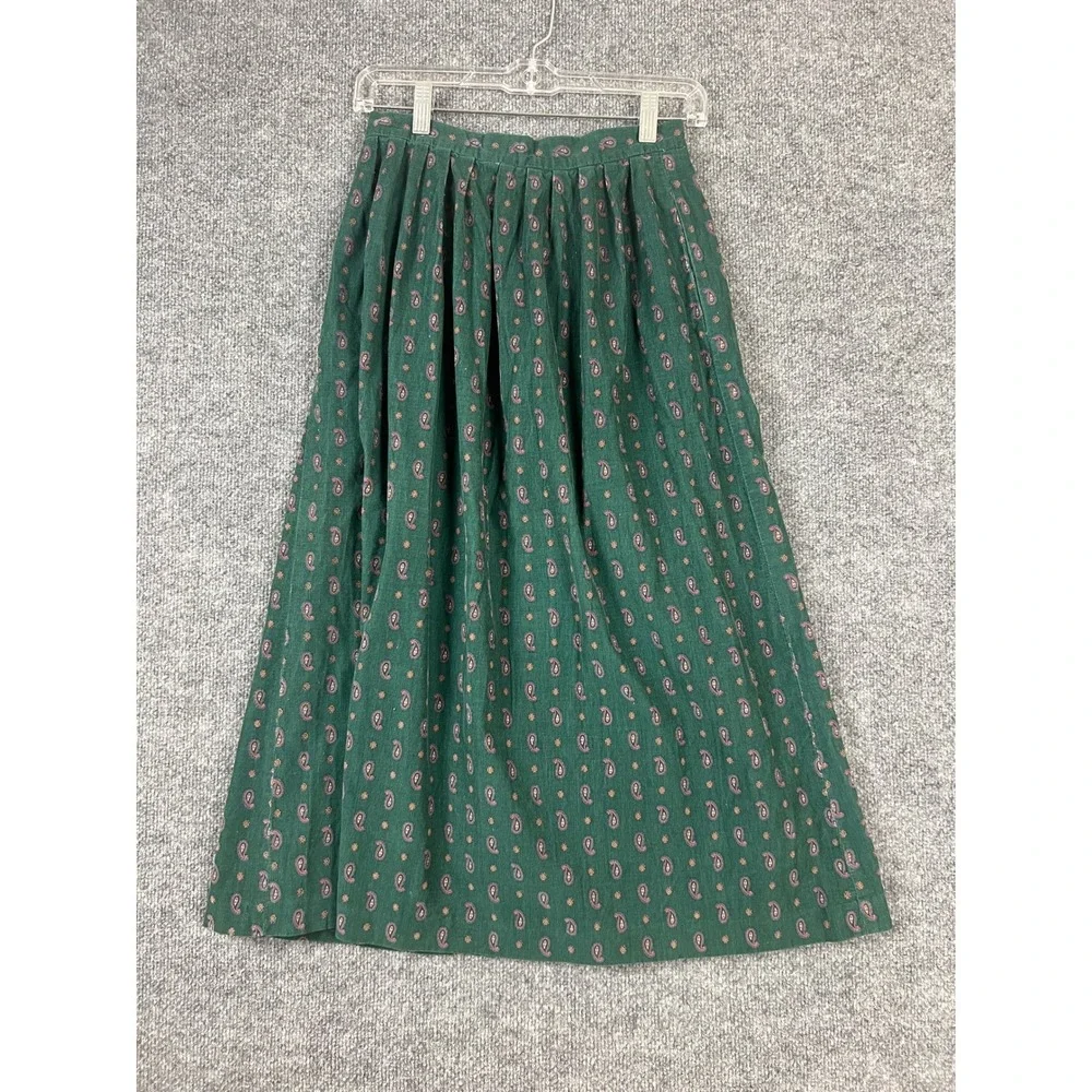 Vintage Eddie Bauer Midi Skirt Green Paisley Corduroy Button‎ Front Size 0/2